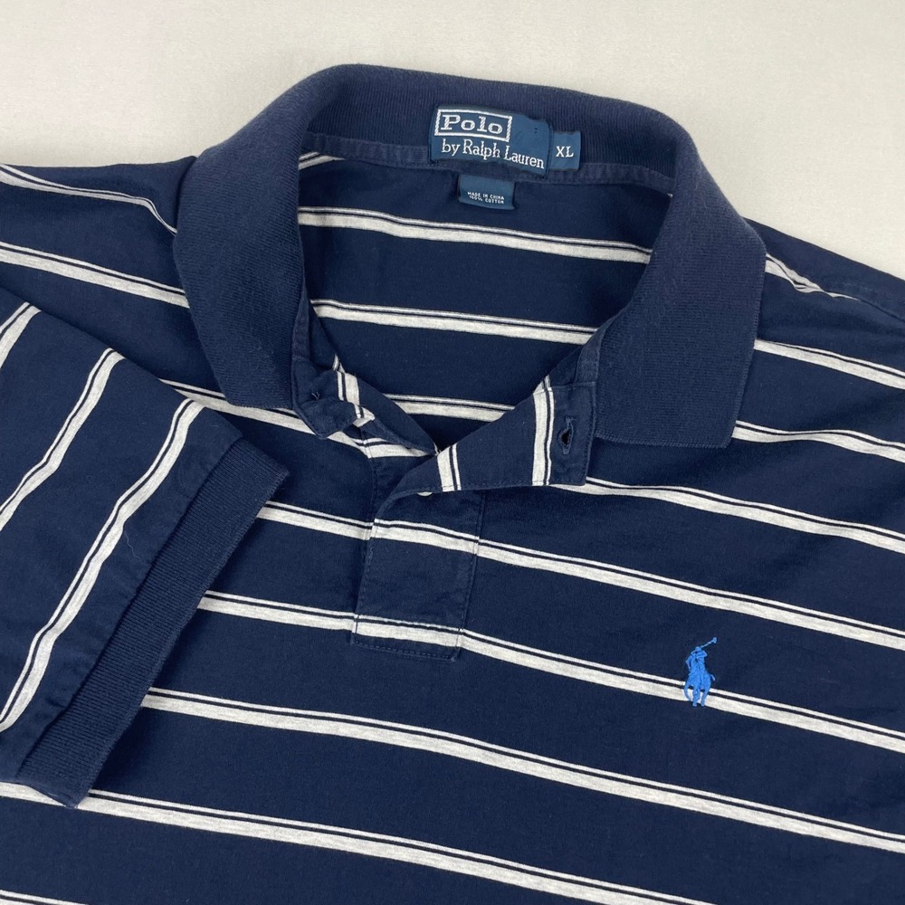 Polo Ralph Lauren Mens XL Navy Blue White Striped Short Sleeve Cotton Polo Shirt